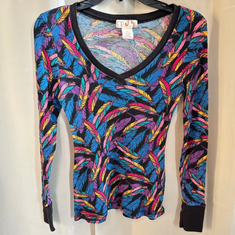 Vtg Op Juniors Top Medium Feather Thermal Knit Boho Retro Indie Fitted 20367